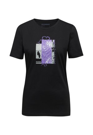 Zwarte korte mouwen t-shirt van katoen met een grafisch ontwerp in paars en grijs, met abstracte patronen en de merknaam "Mammut."
