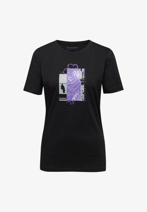 Zwarte korte mouwen t-shirt van katoen met een grafisch ontwerp in paars en grijs, met abstracte patronen en de merknaam "Mammut."