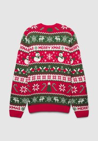 Maglione lavorato a maglia rosso e verde con un motivo festivo ripetuto che presenta pupazzi di neve, renne, fiocchi di neve e bastoncini di zucchero. Polsini a coste e orlo.