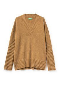 Brauner Strickpullover mit V-Ausschnitt, gerippten Bündchen und einem strukturierten unteren Saum. Hat eine lockere Passform und einen weichen, warmen Stoff.