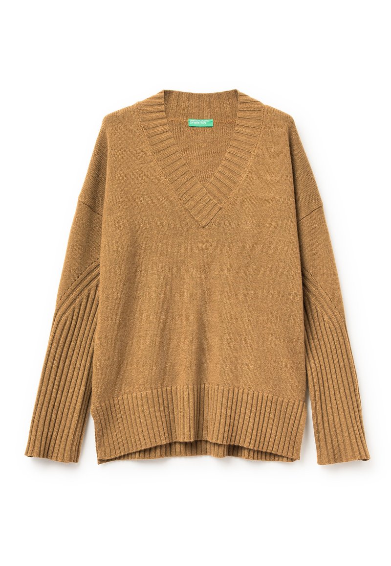 Brauner Strickpullover mit V-Ausschnitt, gerippten Bündchen und einem strukturierten unteren Saum. Hat eine lockere Passform und einen weichen, warmen Stoff.