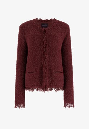 Burgundy textured cardigan with a frayed hem, open front, and two front pockets. Made from a soft, knitted material with minimal detailing.