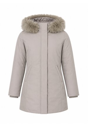 Cappotto invernale imbottito grigio chiaro con maniche lunghe e cappuccio bordato con soffice pelliccia sintetica, cerniera frontale nascosta da una patta.