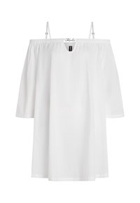 Witte off-shoulder jurk met korte mouwen, gemaakt van lichte stof. Voorzien van een ronde halslijn en een losse, vloeiende ontwerp.