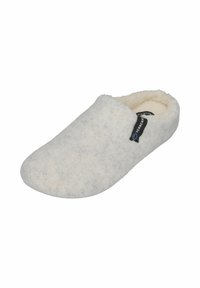 White felt slipper with a closed back, soft interior lining, and a black tag featuring the brand logo. Smooth texture with a subtle pattern.