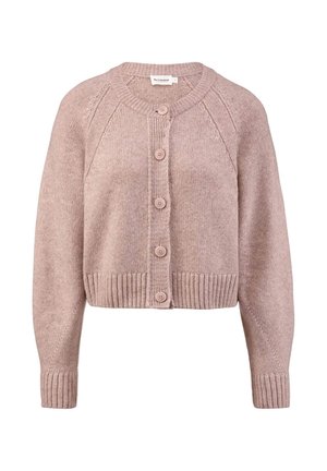 Lila kurzgeschnittene Strickjacke mit Rundhalsausschnitt, langen Ärmeln, gerippten Bündchen und Saum sowie fünf passenden Knöpfen auf der Vorderseite.