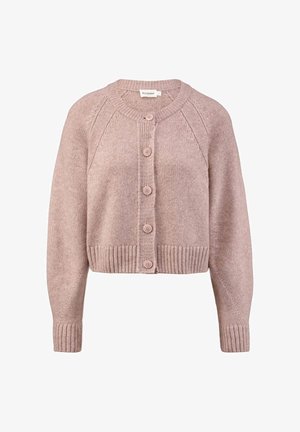 Mauve cropped knitted cardigan with round neck, long sleeves, ribbed cuffs and hem, and five matching buttons down the front.
