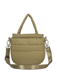 Olivovo zelená prešívaná kabelka s horným držadlom, nastaviteľným popruhom a prednou vreckom. Má strieborné kovanie a hladkú textúru.