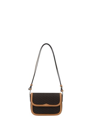 Petit sac bandoulière rectangulaire noir avec bordure marron et sangle réglable, présentant un motif discret et une fermeture à rabat avant.