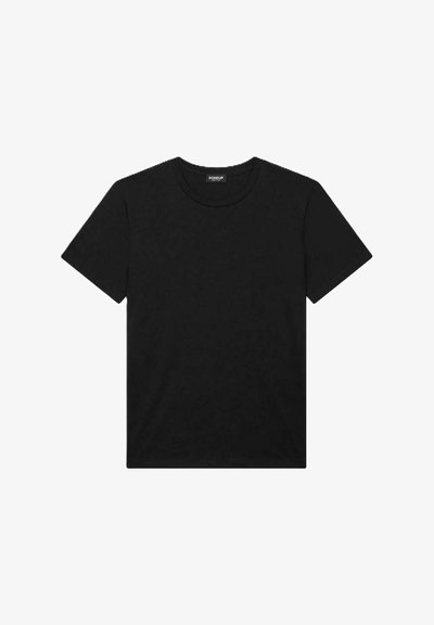 T-shirt in cotone nero con maniche corte, scollo rotondo e design minimalista. Presenta un piccolo logo sul davanti. Texture liscia.