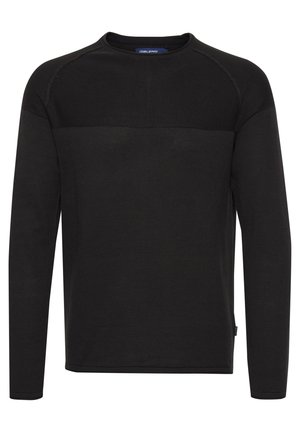 Zwarte langemouwshirt met een ronde hals, geribbelde textuur en een contrasterende effen horizontale strook over de borst.