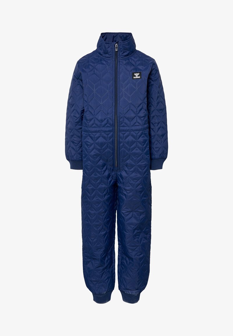 Marineblauwe doorgestikte overall met een hoge kraag, volledige rits aan de voorkant en elastische manchetten. Beschikt over een geometrisch patroon en een logo-opdruk.