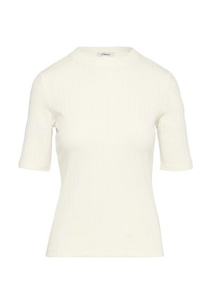 Weißes geripptes T-Shirt mit kurzen Ärmeln und Rundhalsausschnitt. Hergestellt aus weichem Stoff, mit figurbetontem Schnitt und subtiler Textur.