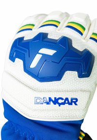 White goalkeeper glove with blue accents. Textured grip area and padded finger protection. Features green and yellow stripes on top.