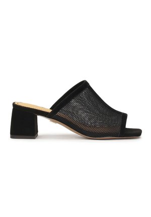 Zwarte mesh open-toe mules met een blokhak. Zacht zwart suède beleg accentueert de bovenkant en randen, wat textuur en contrast toevoegt.