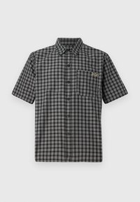 Short-sleeve shirt in black and white plaid pattern, featuring a button-down collar, front pocket, and a small label on the chest.