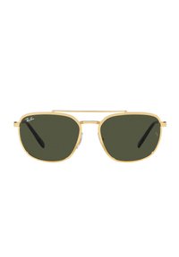 Occhiali da sole Ray-Ban con montatura in metallo dorato, lenti polarizzate verdi, forma esagonale, temple sottili e estremità del naso regolabili.