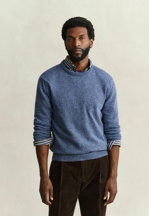 Mann mit kurzen lockigen Haaren und Bart, der einen blauen Strickpullover über einem gestreiften Hemd und dunkelbraunen Cordhosen trägt und vor schlichtem Hintergrund steht.