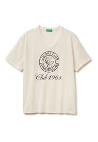 Krémové bavlněné tričko s kulatým výstřihem, krátkými rukávy a tištěným kulatým logem, které obsahuje "Colors Club Established 1965" a "Club 1965."