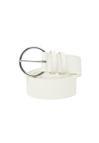 Valge nahast vöö ümmarguse hõbedase pandlaga, millel on sile tekstuur ja minimalistlik disain, reguleeritav kahekordse silmaga kinnituse detailiga.