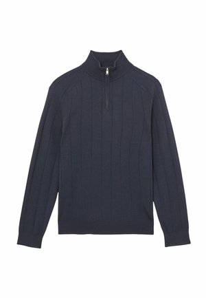 Tumesinine pullover-kampsun neljandiku tõmblukuga, triibulise ribilise tekstuuriga. Valmistatud pehmest kangast ja kitsas lõikega.