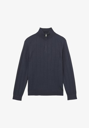 Tumesinine pullover-kampsun neljandiku tõmblukuga, triibulise ribilise tekstuuriga. Valmistatud pehmest kangast ja kitsas lõikega.