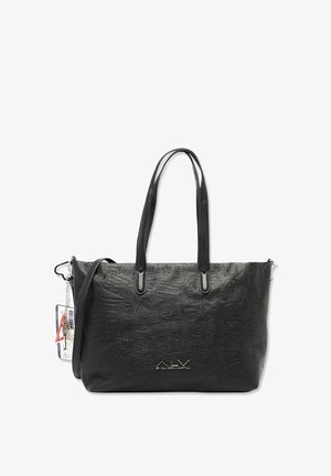 Borsa tote in pelle nera con rilievo, doppio manico, tracolla staccabile e un piccolo logo metallico sul davanti.