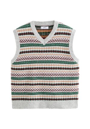 Ärmellose Strickweste mit V-Ausschnitt, mit horizontalen Mustern in Grün, Burgunderrot, Beige und Weiß sowie gerippten Kanten.