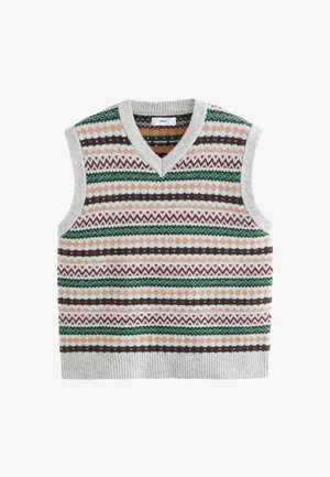 Ärmellose Strickweste mit V-Ausschnitt, mit horizontalen Mustern in Grün, Burgunderrot, Beige und Weiß sowie gerippten Kanten.