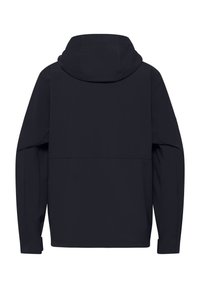 Marineblauwe jack met capuchon, lange mouwen en een eenvoudig ontwerp. Heeft een gladde textuur en een rechte snit zonder zichtbare hardware.