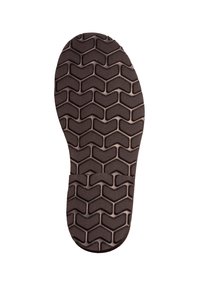 Semelle de chaussure en caoutchouc de couleur marron foncé, texturée avec un motif en chevrons pour une meilleure adhérence. Bout rond et contour de talon courbé.