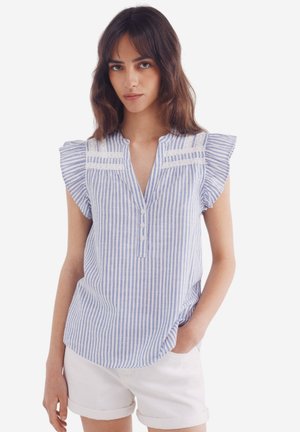 Blue and white striped blouse with short ruffled sleeves, a V-neckline, and five buttons down the front. Features lace accents on the shoulders.