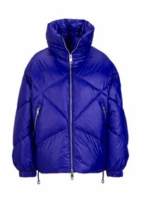 Blauwe pufferjack, hoge kraag, ritssluiting aan de voorkant, ruitpatroon, elastische boorden en zoom, met twee zijzakken met rits.