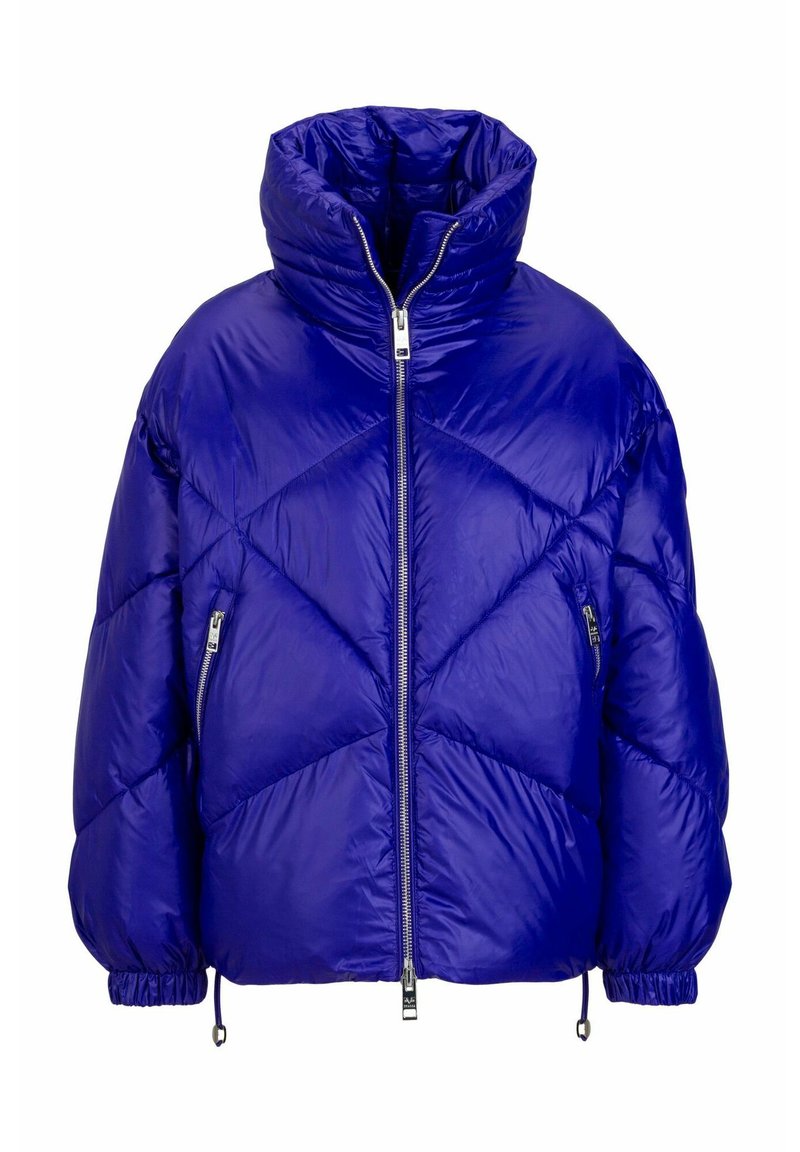 Blauwe pufferjack, hoge kraag, ritssluiting aan de voorkant, ruitpatroon, elastische boorden en zoom, met twee zijzakken met rits.