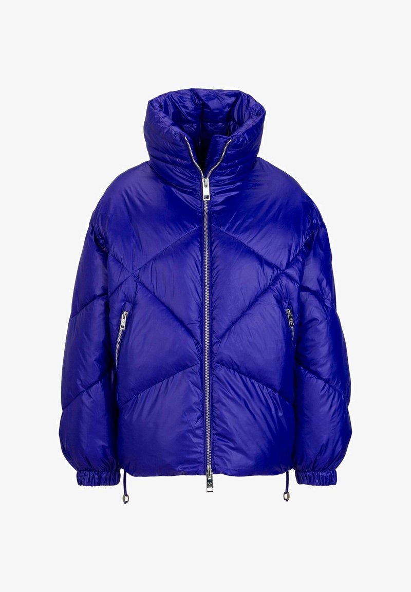 Blauwe pufferjack, hoge kraag, ritssluiting aan de voorkant, ruitpatroon, elastische boorden en zoom, met twee zijzakken met rits.