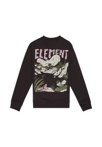 Czarna bluza z okrągłym dekoltem, z dużą ilustracją na plecach przedstawiającą góry, rośliny i namiot w pastelowych kolorach.