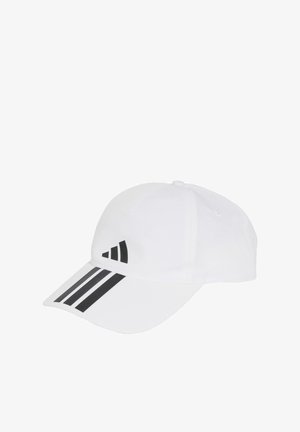 White baseball cap featuring a curved brim, black three-stripe design and logo on the front. Made of fabric with a smooth texture.