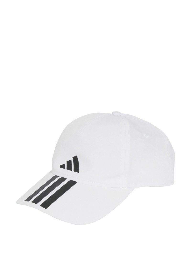 Gorra de béisbol blanca con visera curva, diseño de tres rayas negras y logotipo en la parte frontal. Fabricada en un tejido de textura suave.