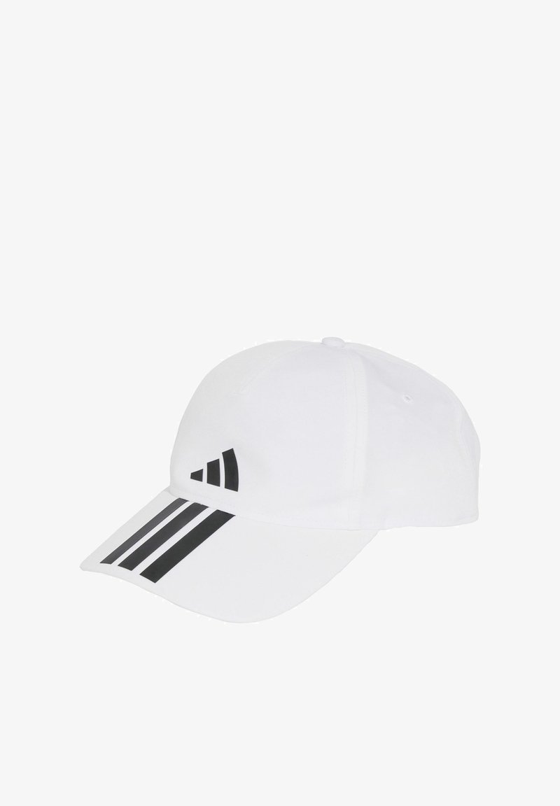 Gorra de béisbol blanca con visera curva, diseño de tres rayas negras y logotipo en la parte frontal. Fabricada en un tejido de textura suave.