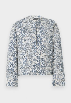 Blue and white paisley-patterned jacket, featuring a round neckline, long sleeves, and two front pockets with flap closures.