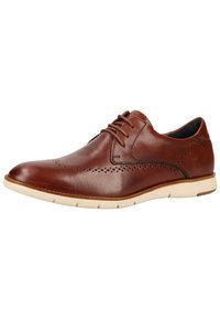 Chaussure en cuir marron avec une finition lisse, des détails perforés, un bout rond et une semelle blanche contrastante. Présente un design à lacets et un col rembourré.