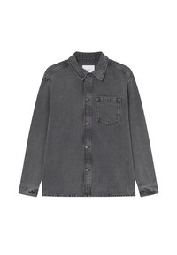Grå denimskjorte med lange ermer, knappestolpe foran, krage og én brystlomme. Har en lett falmet tekstur og klassisk design.
