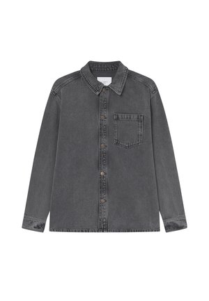 Grå denimskjorte med lange ærmer, knaplukning foran, krave og én brystlomme. Har en let falmet tekstur og klassisk design.