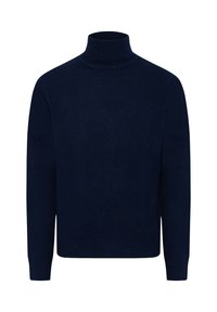 Maglione a collo alto blu navy realizzato in un tessuto morbido. Presenta maniche lunghe e una texture a coste al colletto e ai polsini.