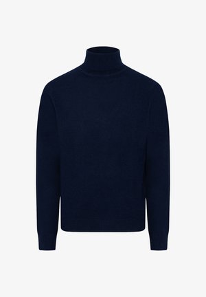 Pulover de tip guler înalt de culoare bleumarin, confecționat dintr-un material moale. Dispune de mâneci lungi și textură ribbed la guler și la manșete.