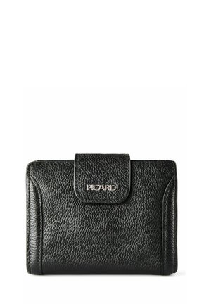 Portafoglio in pelle nera con trama, chiusura a pattina con bottone e logo "PICARD" argentato in rilievo al centro frontale.