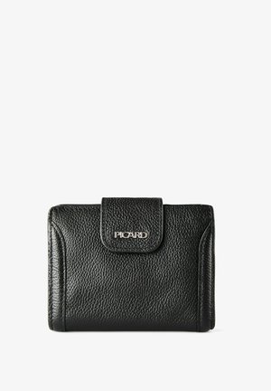 Portafoglio in pelle nera con trama, chiusura a pattina con bottone e logo "PICARD" argentato in rilievo al centro frontale.