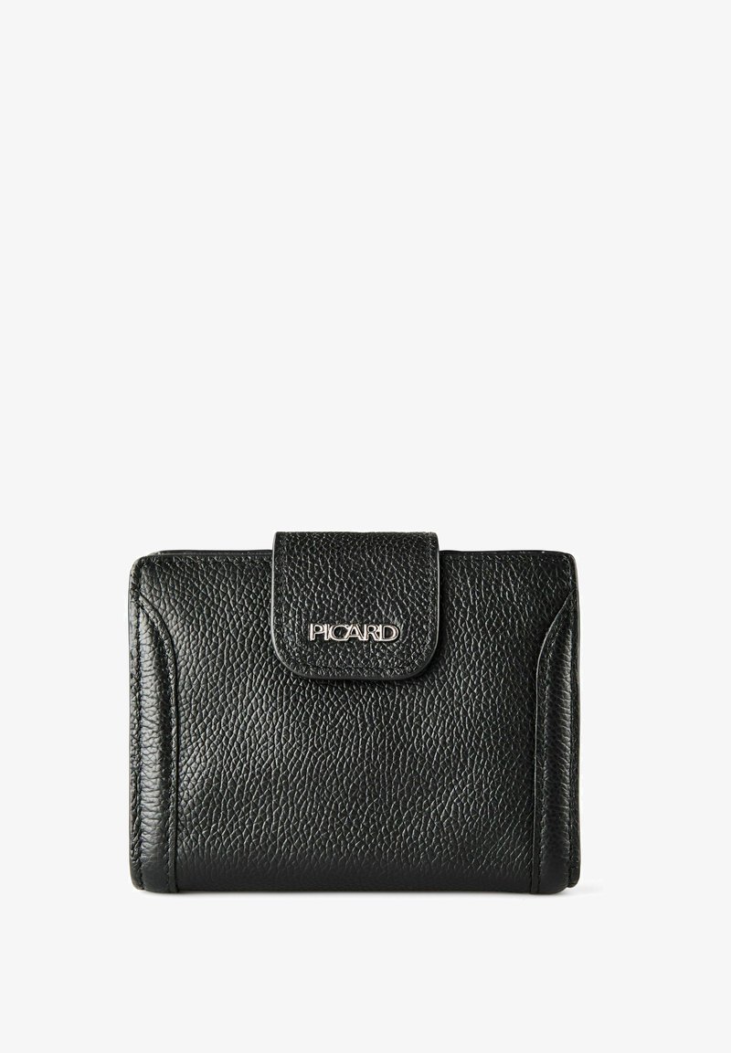 Zwarte leren portemonnee met textuur, voorzien van een klep met drukknoopsluiting en een zilveren "PICARD"-logo geperst in het midden aan de voorkant.