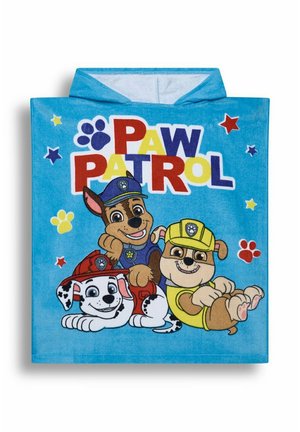 Blaues Kapuzenhandtuch mit Paw Patrol-Logo und drei Welpen in Rettungsuniform, die liegend mit bunten Pfotenabdrücken und Sternen abgebildet sind.