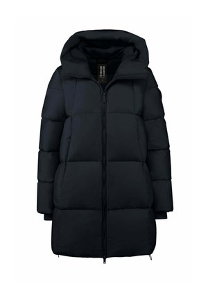 Zwarte donsjacket tot op de knie met capuchon, lange mouwen en een ritssluiting aan de voorkant.